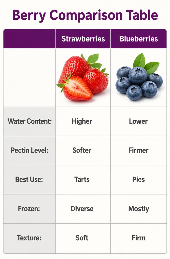 Table comparing strawberries, blueberries, raspberries, and blackberries.