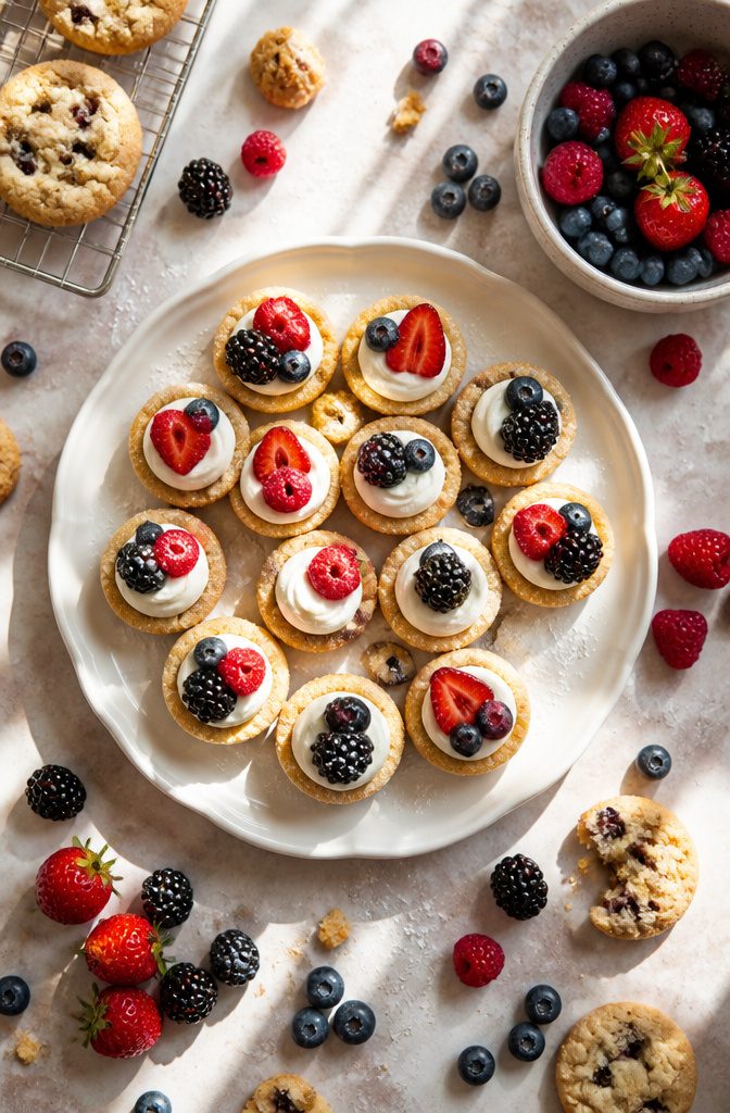 Berry cream cheese cookie cups on a wooden table.