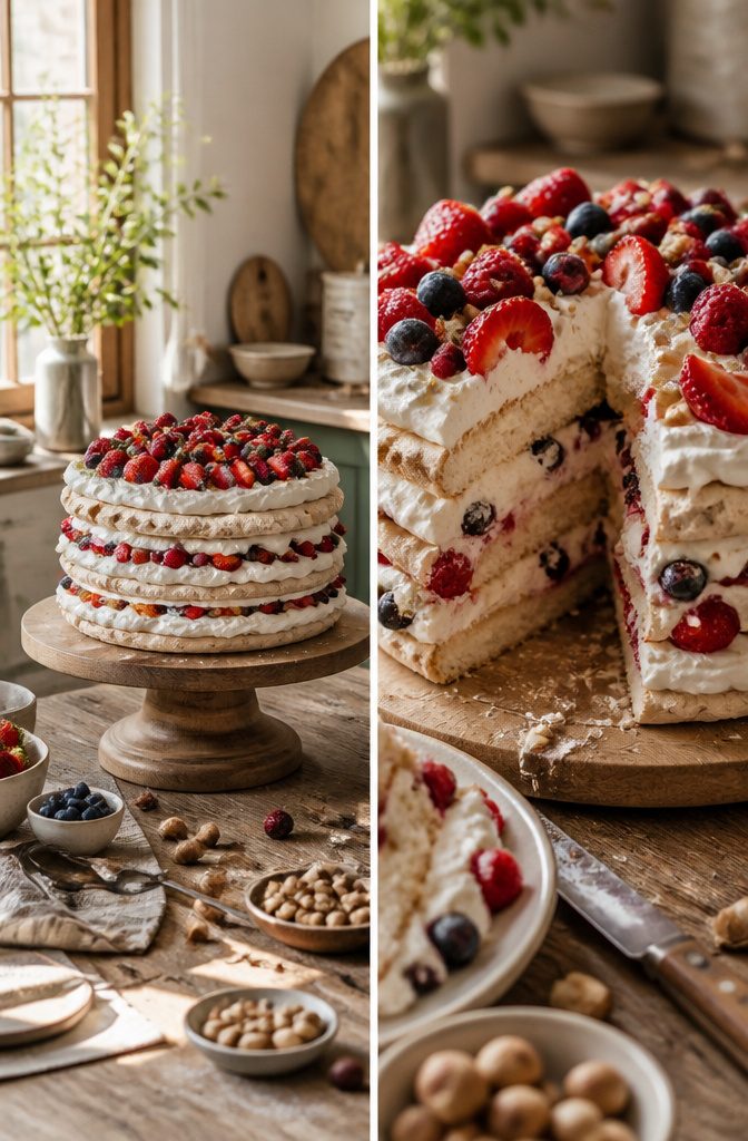 Layered hazelnut meringue cake with whipped cream and berries.