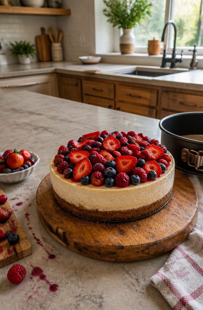 Cheesecake topped with strawberries, blueberries, and raspberries.