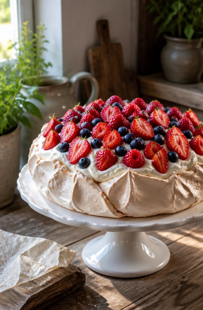 Mixed berry pavlova with strawberries, raspberries, and blueberries.