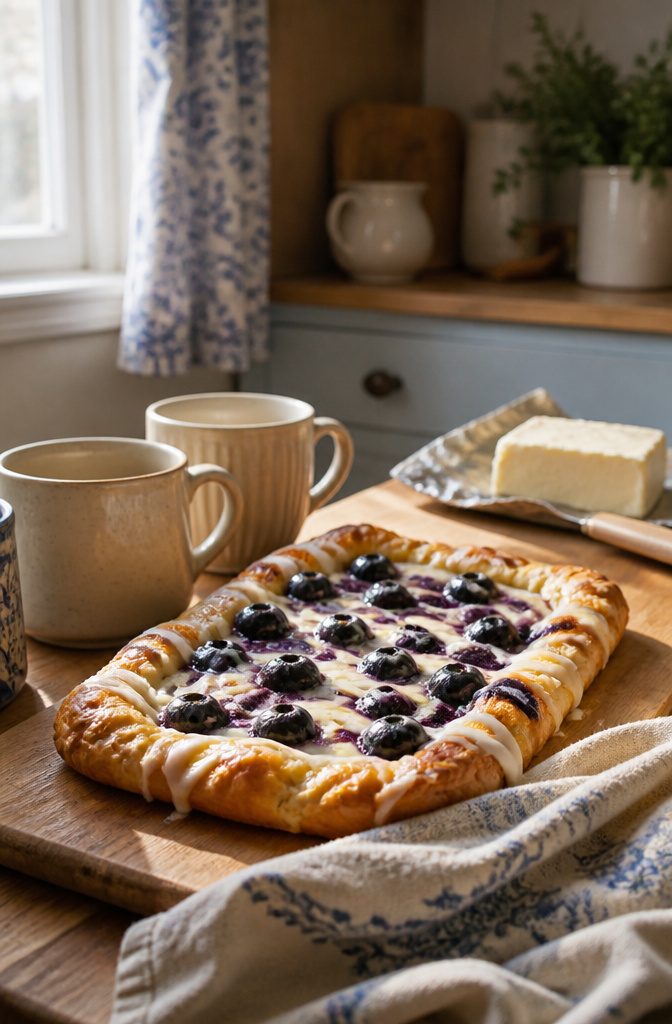 Freshly baked blueberry danish with cream cheese on a wooden board.