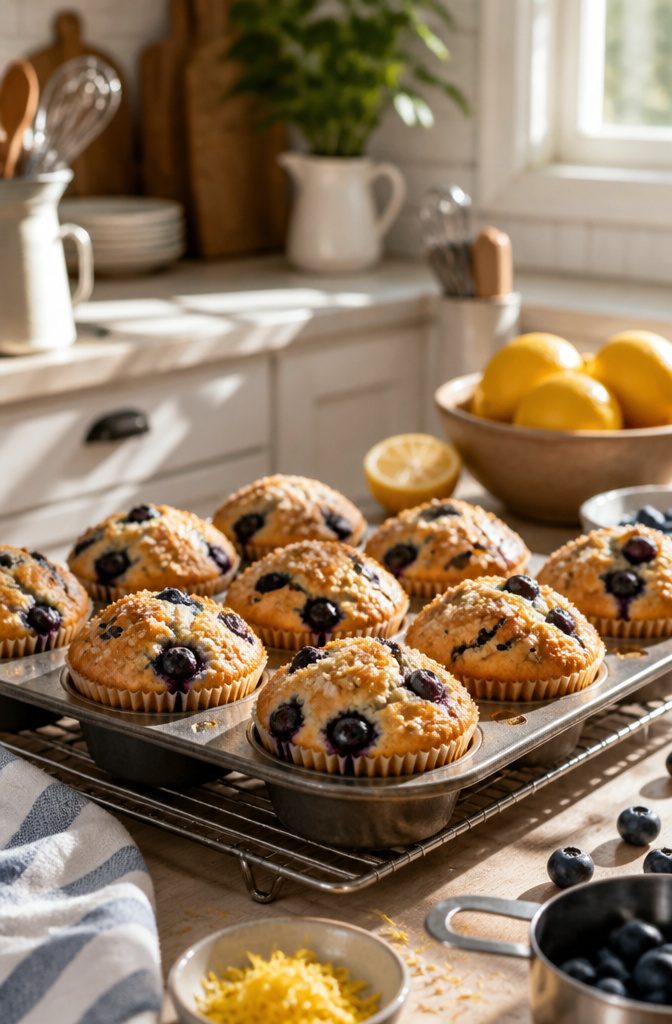 Blueberry lemon muffins on a baking tray with lemons nearby.