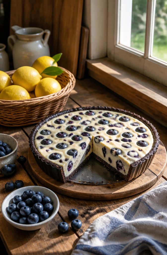 Blueberry pie with a cream cheese base and fresh blueberries.