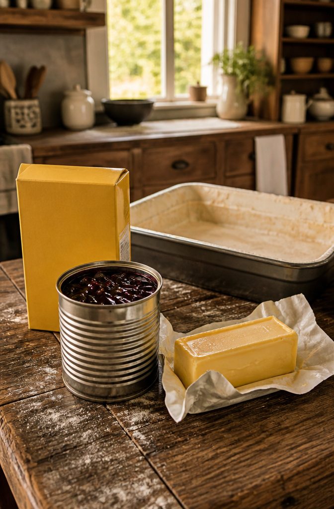 Cake mix, blueberry pie filling, and butter on a wooden counter.
