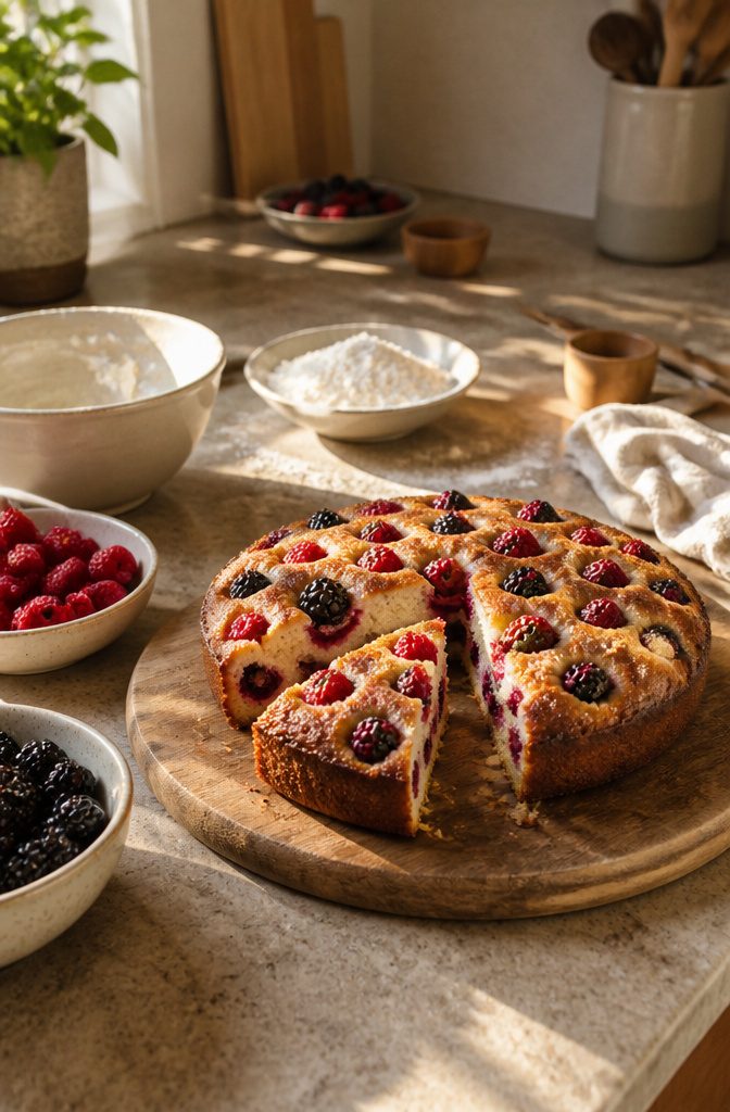Berry cake with raspberries and blackberries on a wooden plate.