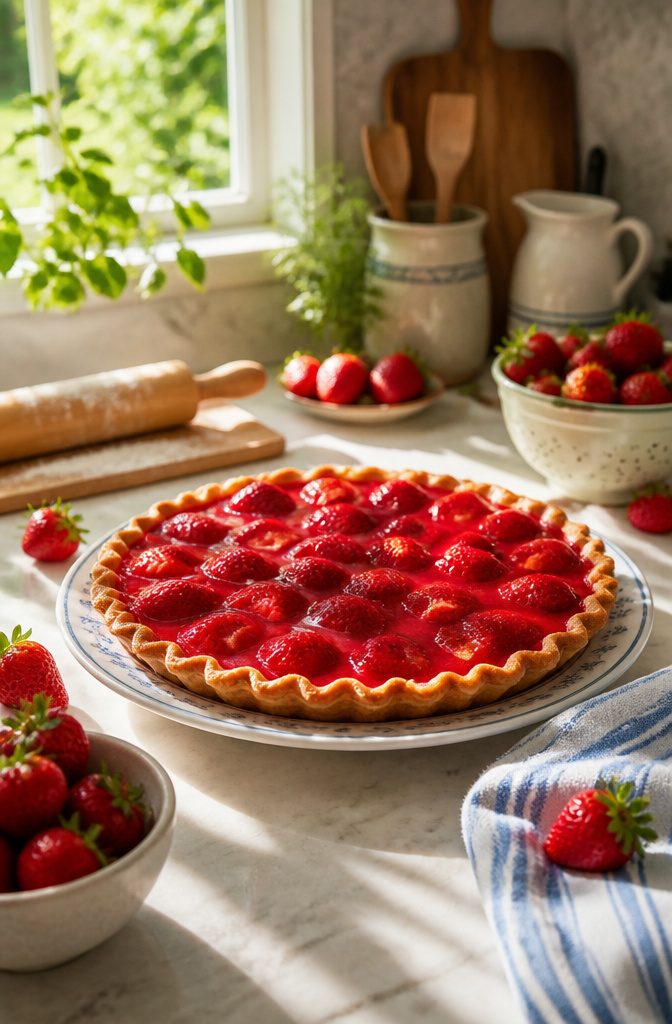 Strawberry pie with a cornstarch glaze on a porcelain plate.