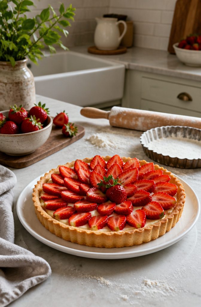 Strawberry tart on a plate with fresh strawberries and flour nearby.