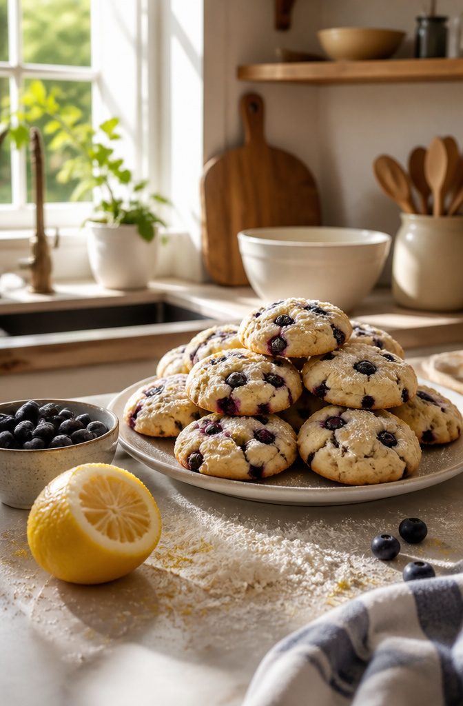 Plate of lemon blueberry cookies with fresh blueberries and lemon.