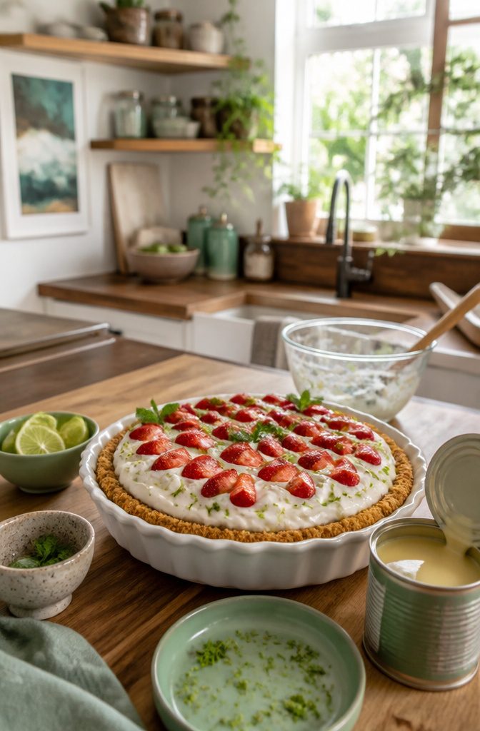Minty strawberry-lime icebox pie in a porcelain dish with lime slices.
