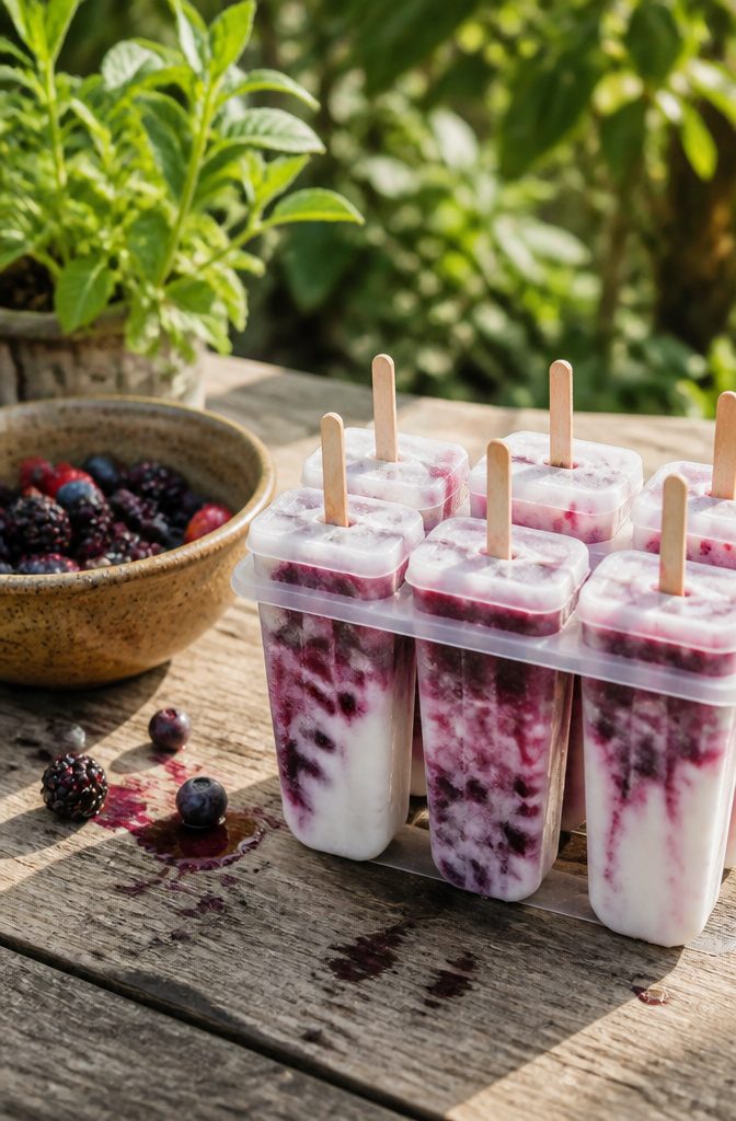 Mixed berry popsicles in molds on a wooden table.