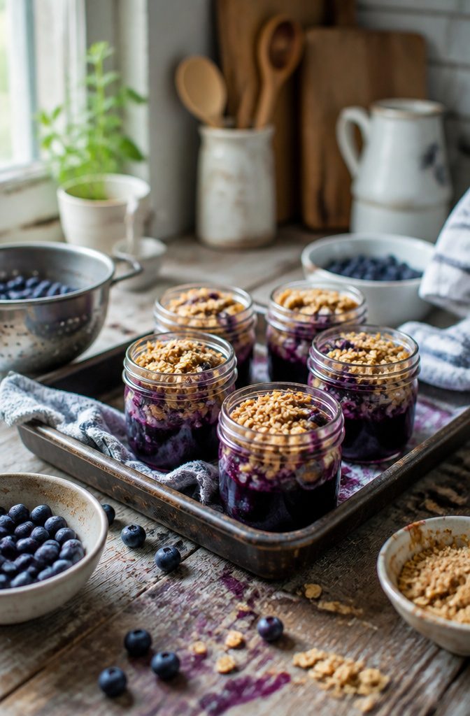 Blueberry crisps in glass jars with toasted oats on a tray.