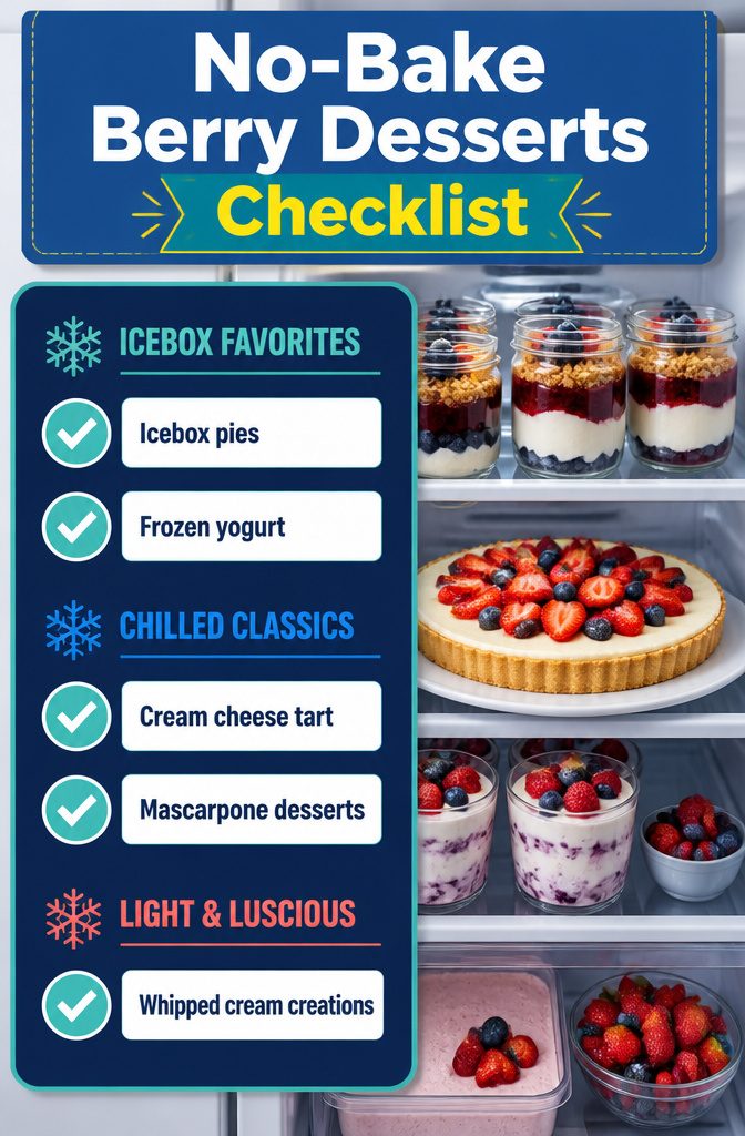 Text graphic listing no-bake berry dessert options.