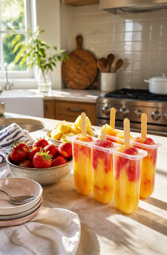 Pineapple strawberry popsicles in molds on a wooden table.