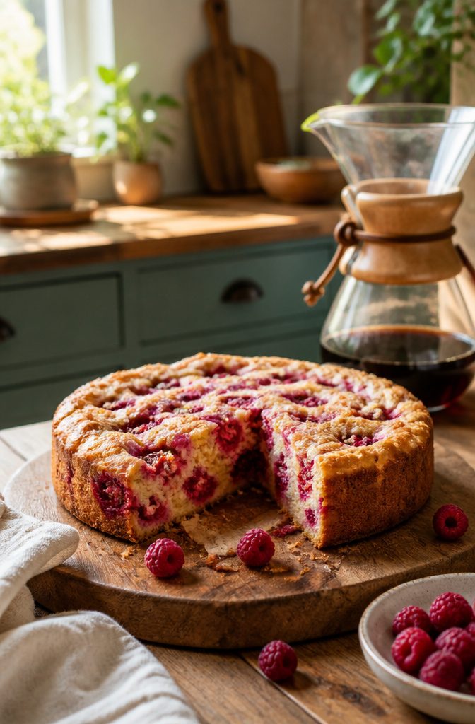 Raspberry coffee cake on a wooden board with fresh raspberries.
