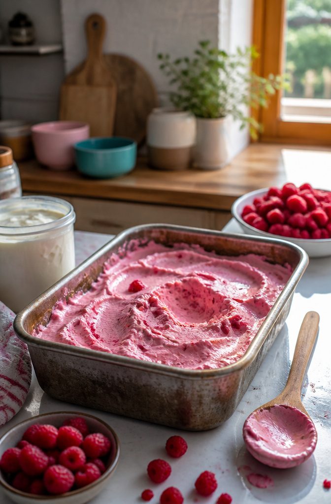 Raspberry frozen yogurt in a metal pan with fresh raspberries nearby.