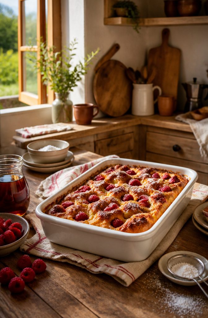Raspberry french toast casserole in a porcelain dish with toppings.