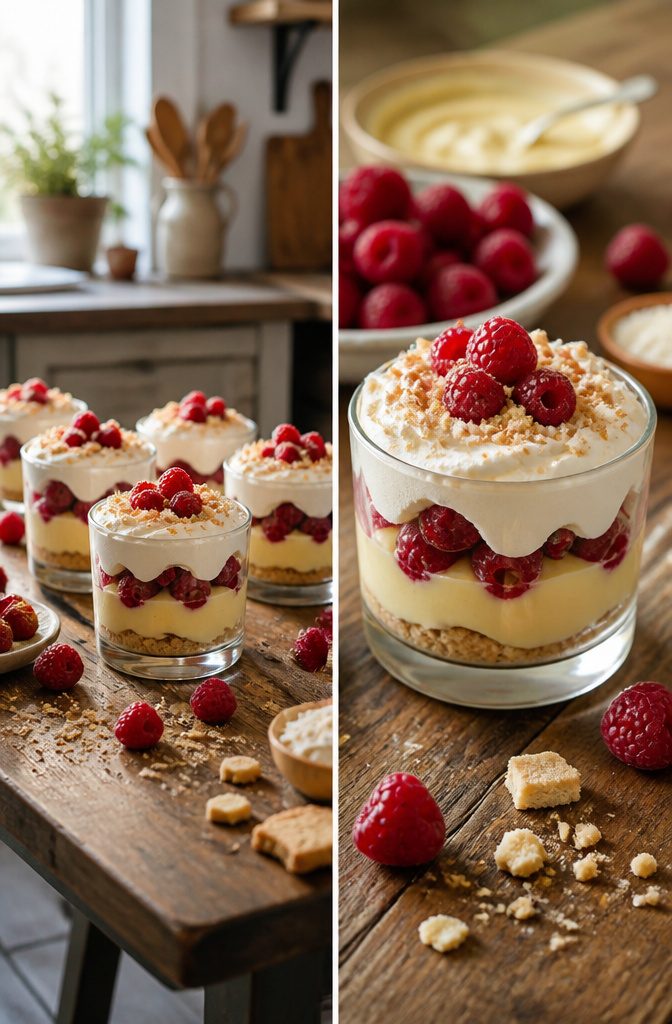 Raspberry trifle cups with layers of cake, custard, and raspberries.