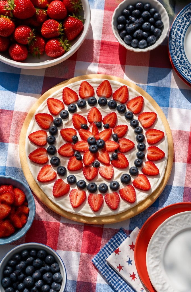 Sugar cookie pizza decorated with strawberries and blueberries.