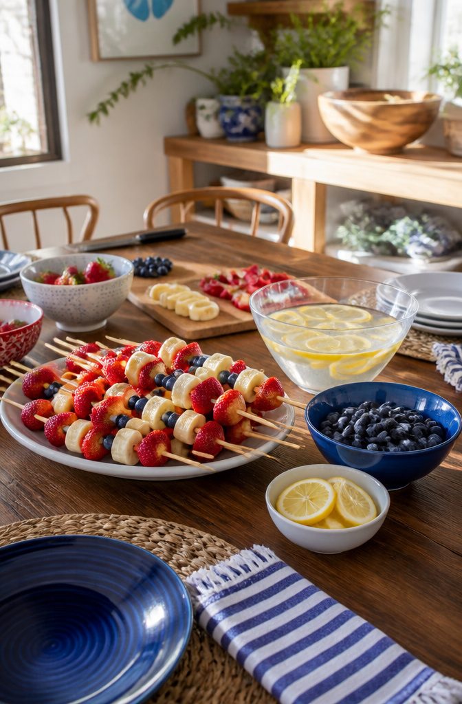 Fruit kabobs with strawberries, blueberries, and banana pieces.