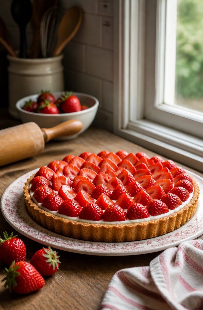 Strawberry tart with mascarpone filling on a patterned plate.