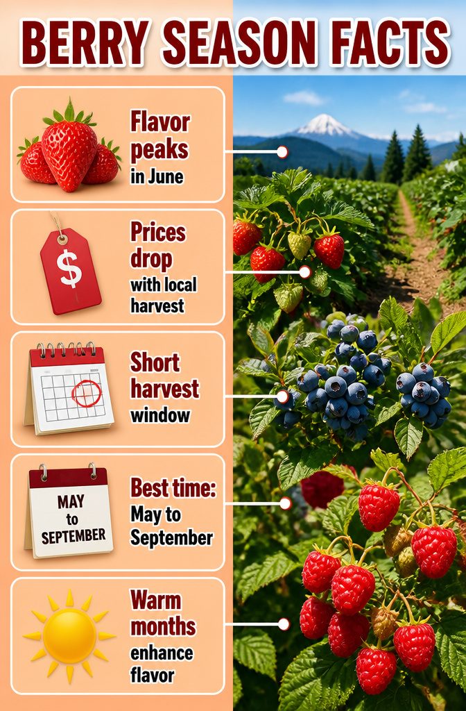 Text graphic about berry season facts in a garden.