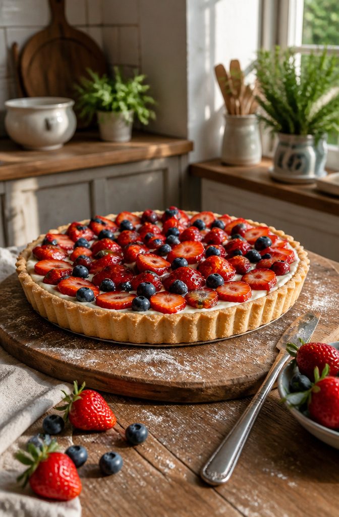 Strawberry blueberry tart on a wooden board with fresh berries.