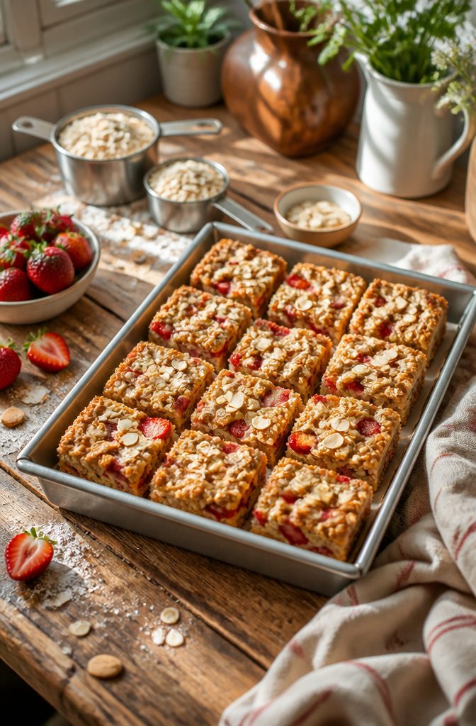 Oat-based strawberry breakfast bars on a rustic kitchen counter.