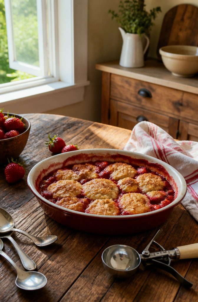 Strawberry cobbler with golden biscuit tops on a wooden table.