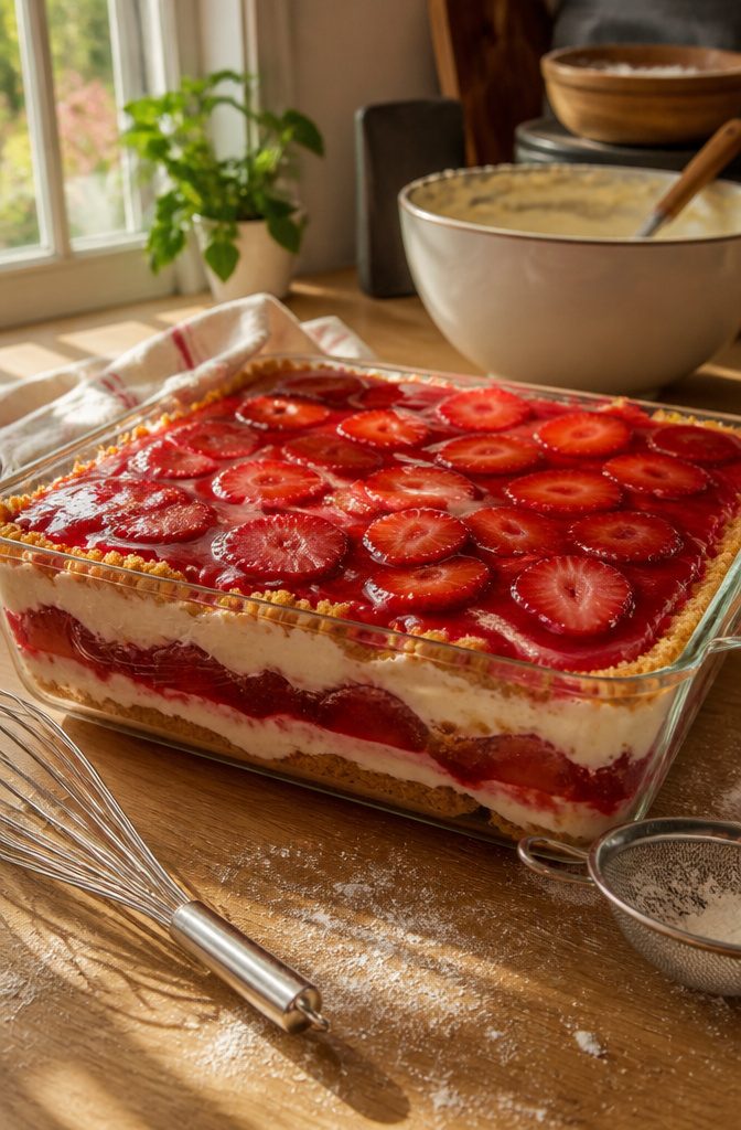 Creamy strawberry dessert layered with fresh strawberries in a dish.