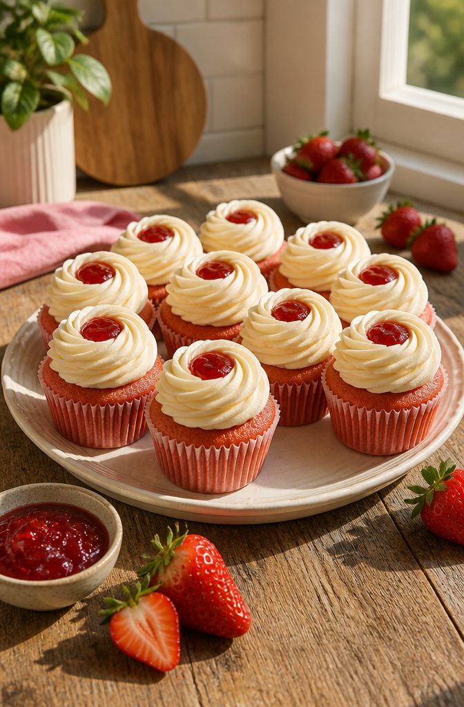 Cupcakes with vanilla buttercream and strawberry compote centers.