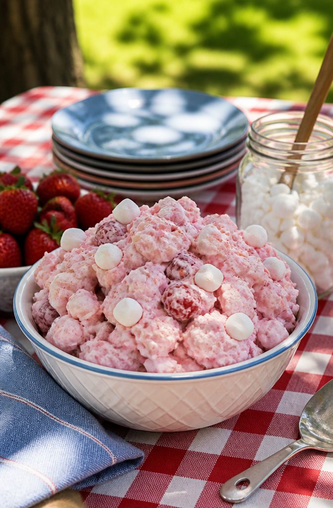 Strawberry fluff salad with whipped topping and marshmallows.