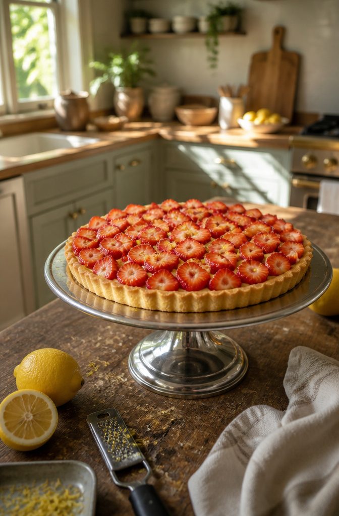 Strawberry lemon tart on a silver cake stand with fresh strawberries.