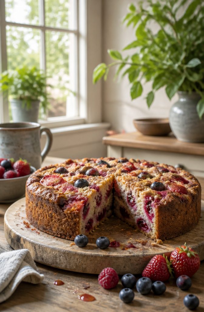 Berry coffee cake on a wooden platter with fresh berries.