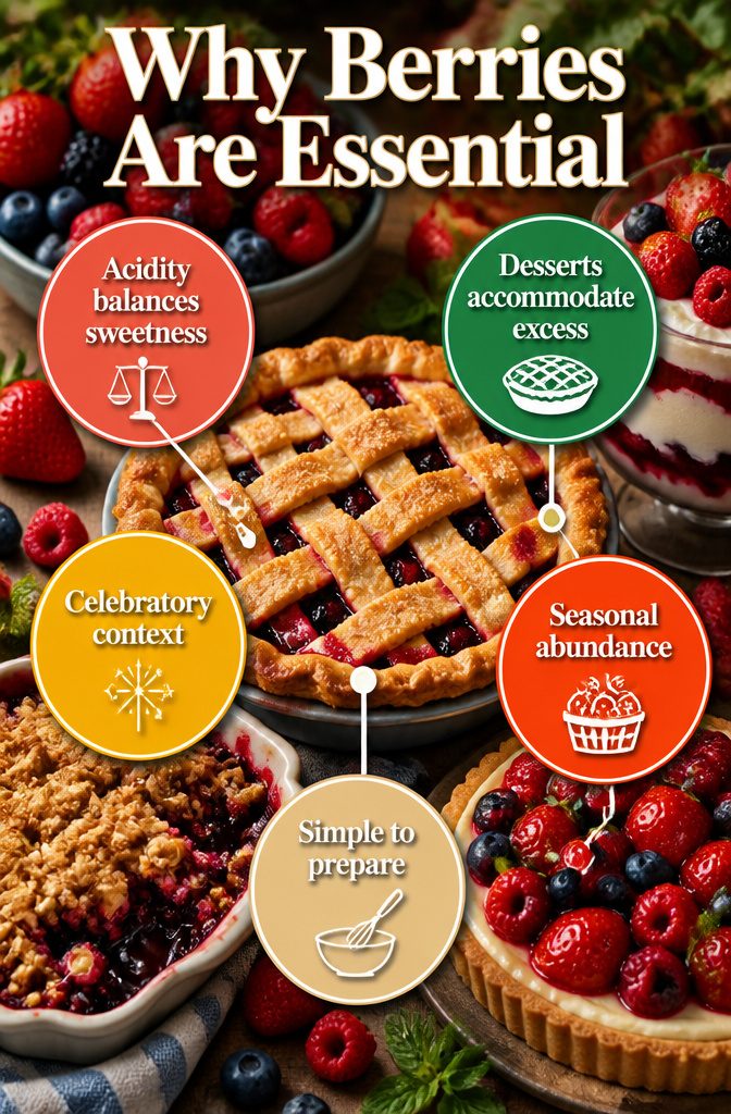 Text graphic explaining the importance of berries in desserts.