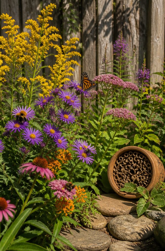 Native plants including goldenrods and asters in a garden setting.