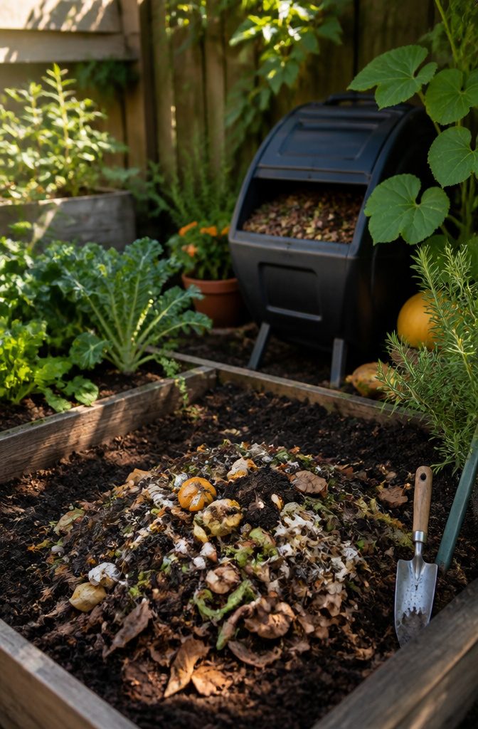 A mound of compost with kitchen scraps in a garden bed.