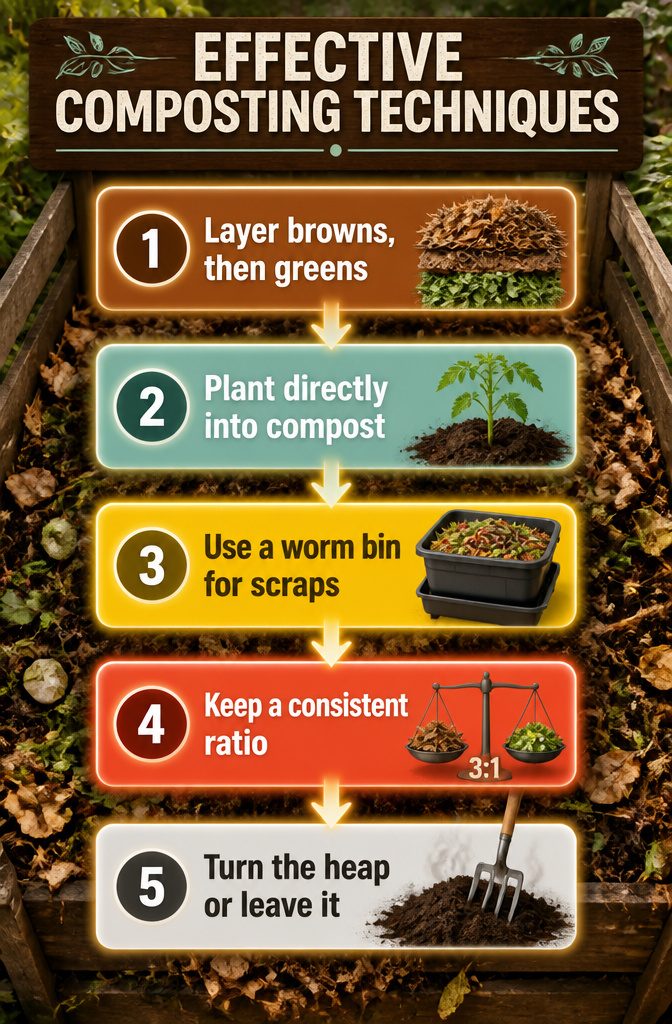 Visual guide on various composting methods and techniques.