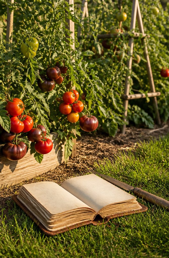 Different varieties of heirloom tomatoes displayed in a garden setting.