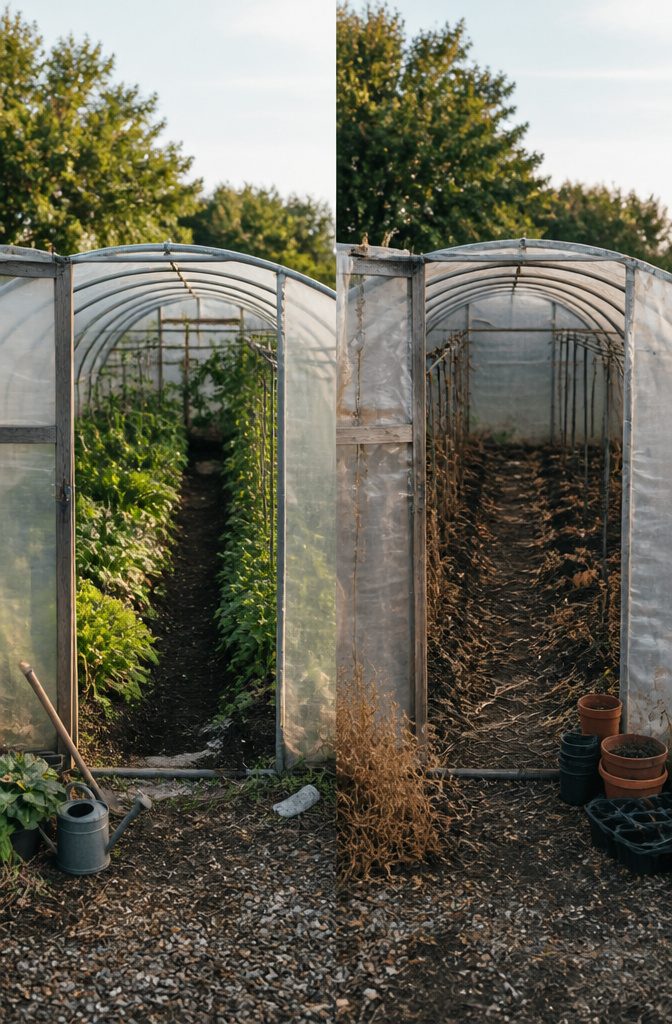 Cold frames and hoop houses set up in a home garden.
