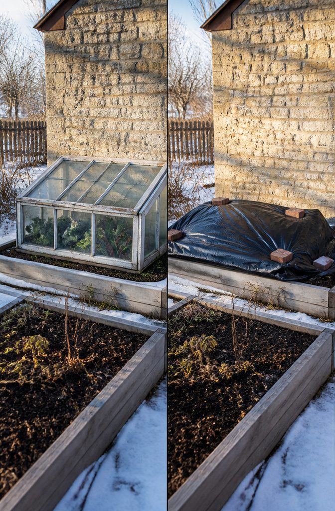 Cold frames and hoop houses in a winter garden setting.