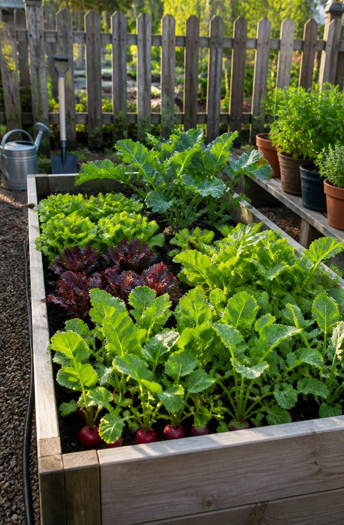 A lush raised garden bed with leafy greens and root vegetables.