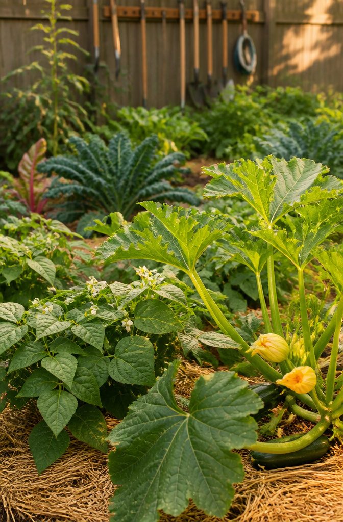 Healthy crops in a garden with organic pest control practices.