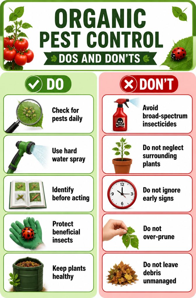 An image illustrating organic pest control dos and don'ts.