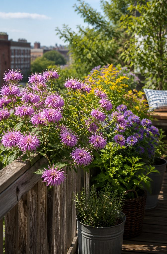 Wild bergamot and other flowers arranged on a balcony railing.