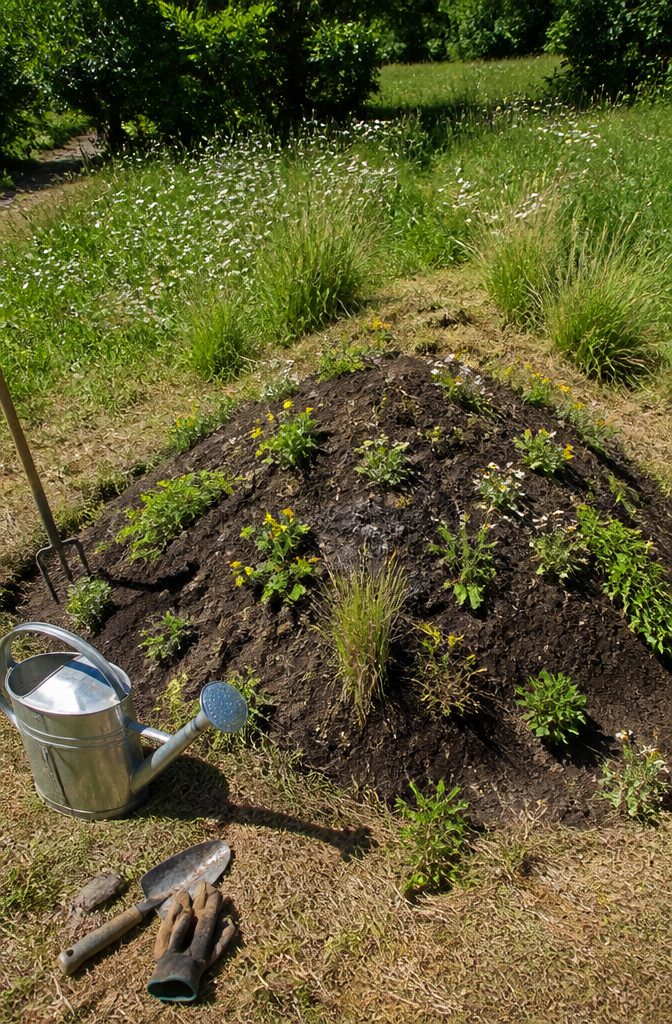 Build a Beetle Bank or Bump for Your Garden: 6 Steps 5 A young beetle bank showing healthy grass and signs of maintenance.