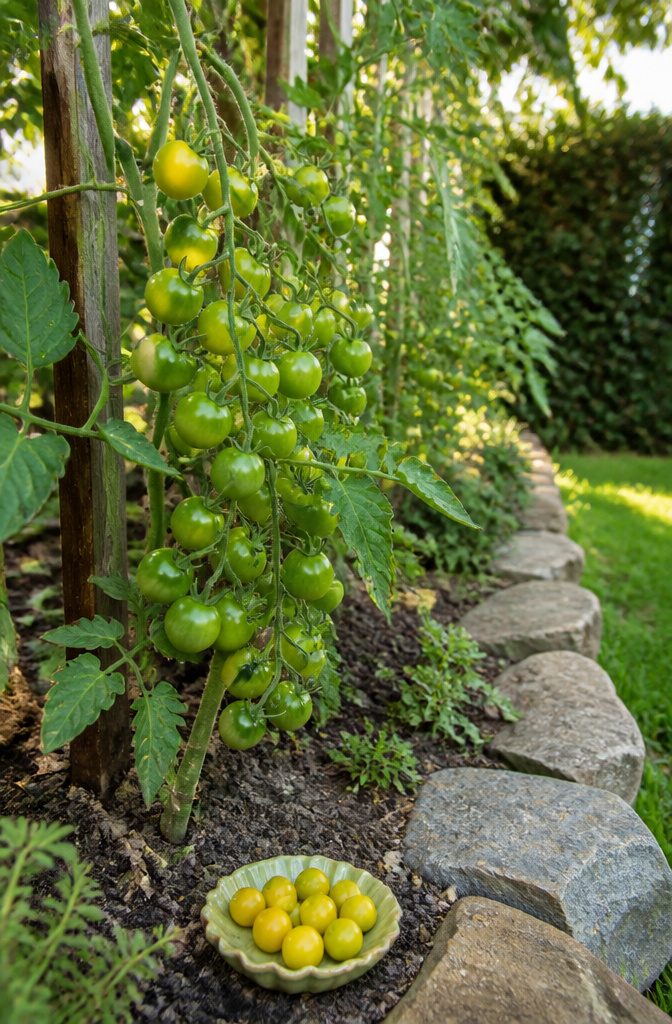 Clusters of yellowish-green Green Grape tomatoes on a trellis.