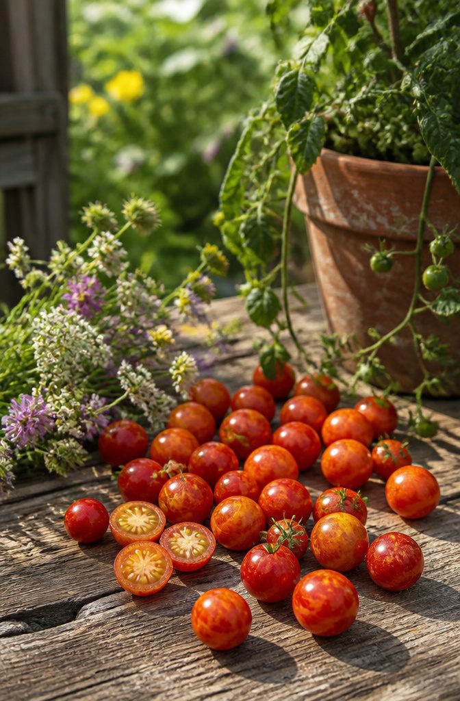 Marbled Isis Candy tomatoes on a rustic wooden table.