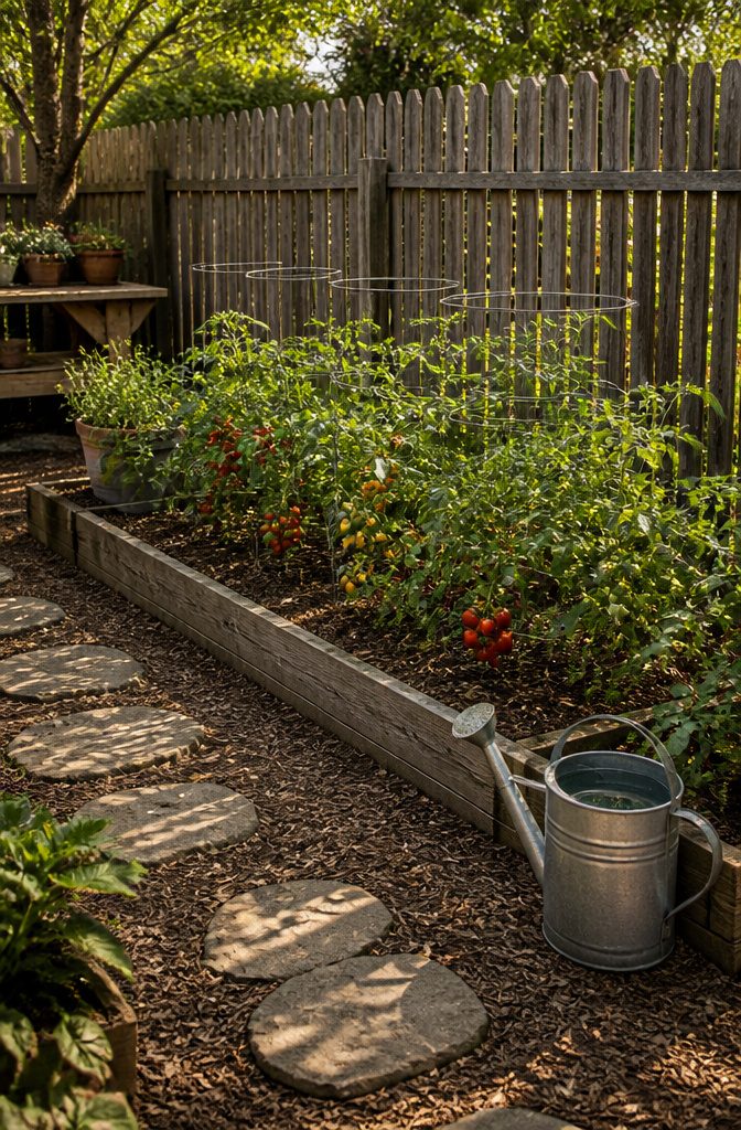 A sunny garden bed with cherry tomato plants.