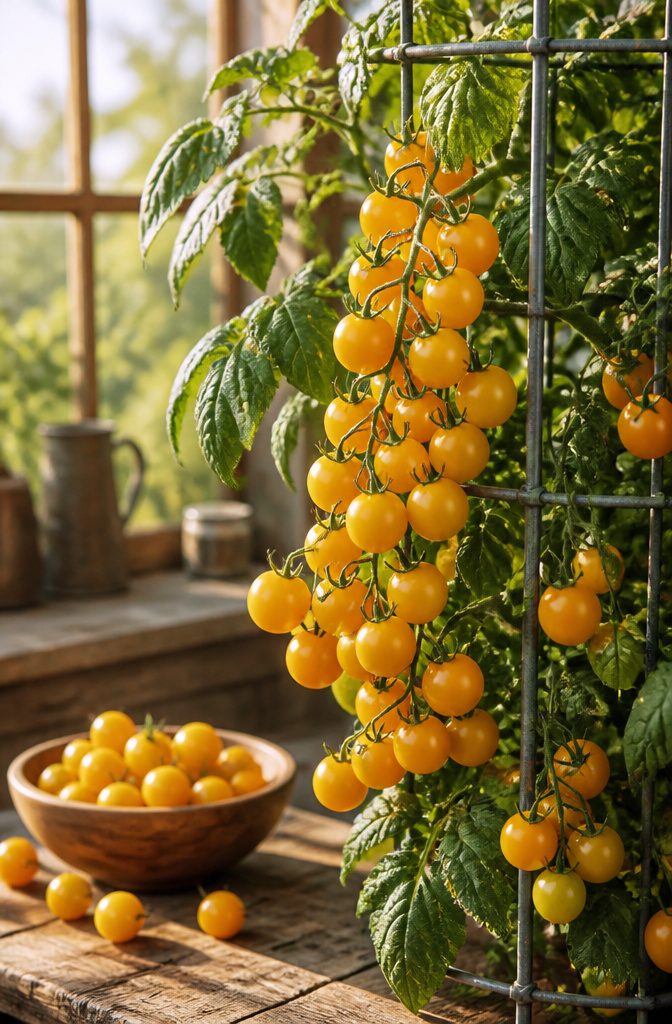 Clusters of ripe Sun Gold cherry tomatoes on the vine.